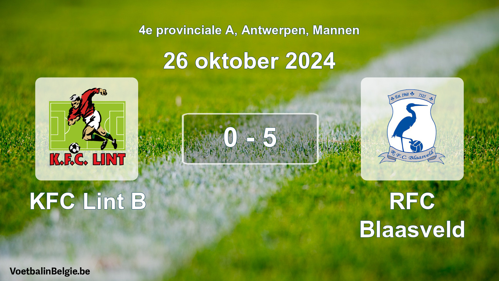 Gespeelde wedstrijd mannenvoetbal: KFC Lint B - RFC Blaasveld 0 - 5 (26 oktober 2024)