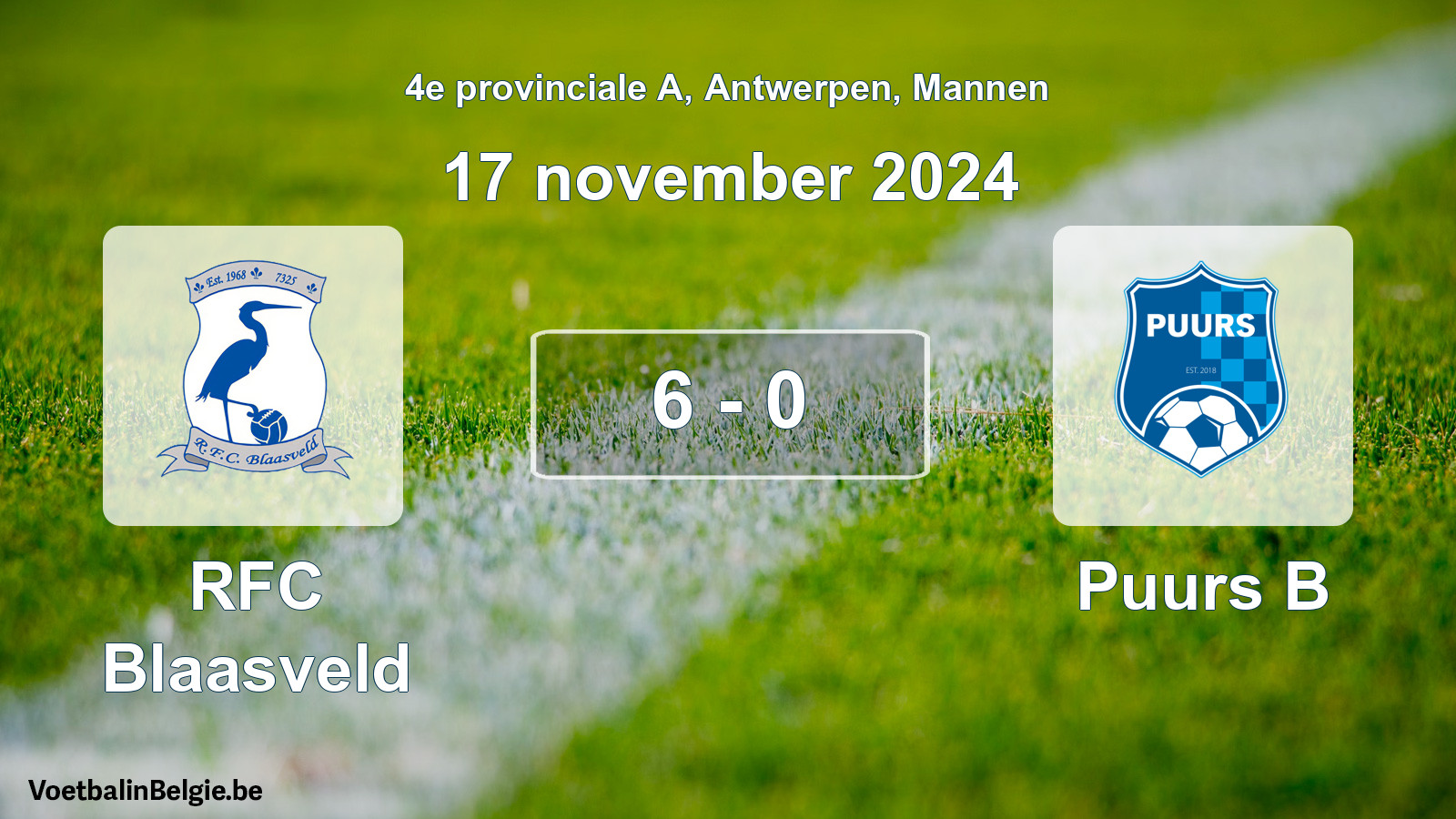 Gespeelde wedstrijd mannenvoetbal: RFC Blaasveld - Puurs B 6 - 0 (17 november 2024)
