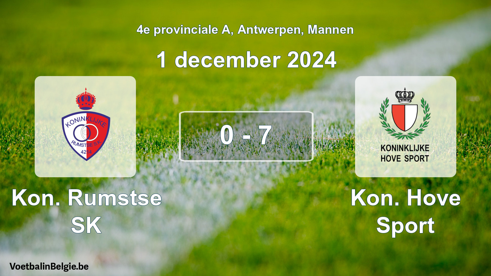 Gespeelde wedstrijd mannenvoetbal: Kon. Rumstse SK - Kon. Hove Sport 0 - 7 (1 december 2024)
