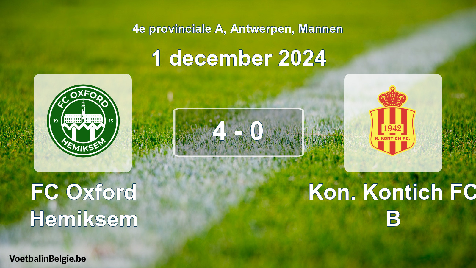Gespeelde wedstrijd mannenvoetbal: FC Oxford Hemiksem - Kon. Kontich FC B 4 - 0 (1 december 2024)