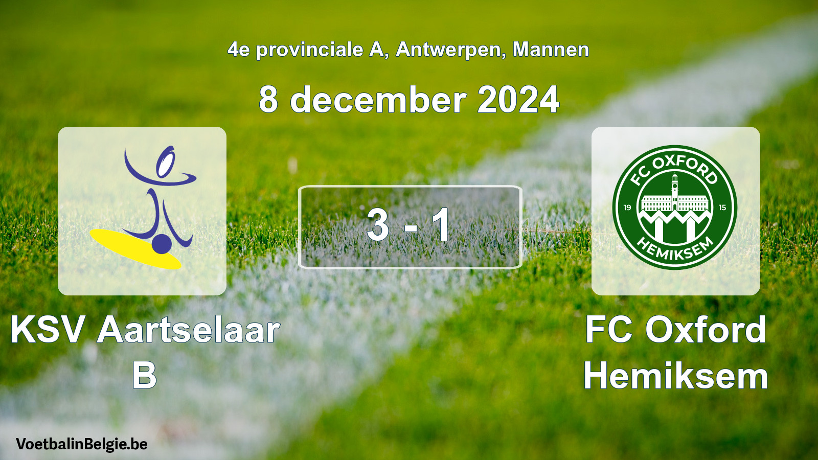 Gespeelde wedstrijd mannenvoetbal: KSV Aartselaar B - FC Oxford Hemiksem 3 - 1 (8 december 2024)