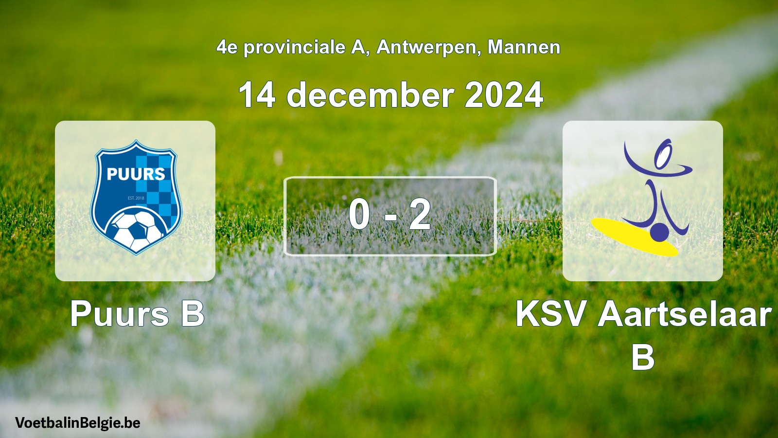 Gespeelde wedstrijd mannenvoetbal: Puurs B - KSV Aartselaar B 0 - 2 (14 december 2024)