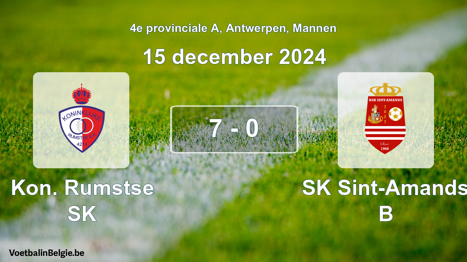 Gespeelde wedstrijd mannenvoetbal: Kon. Rumstse SK - SK Sint-Amands B 7 - 0 (15 december 2024)