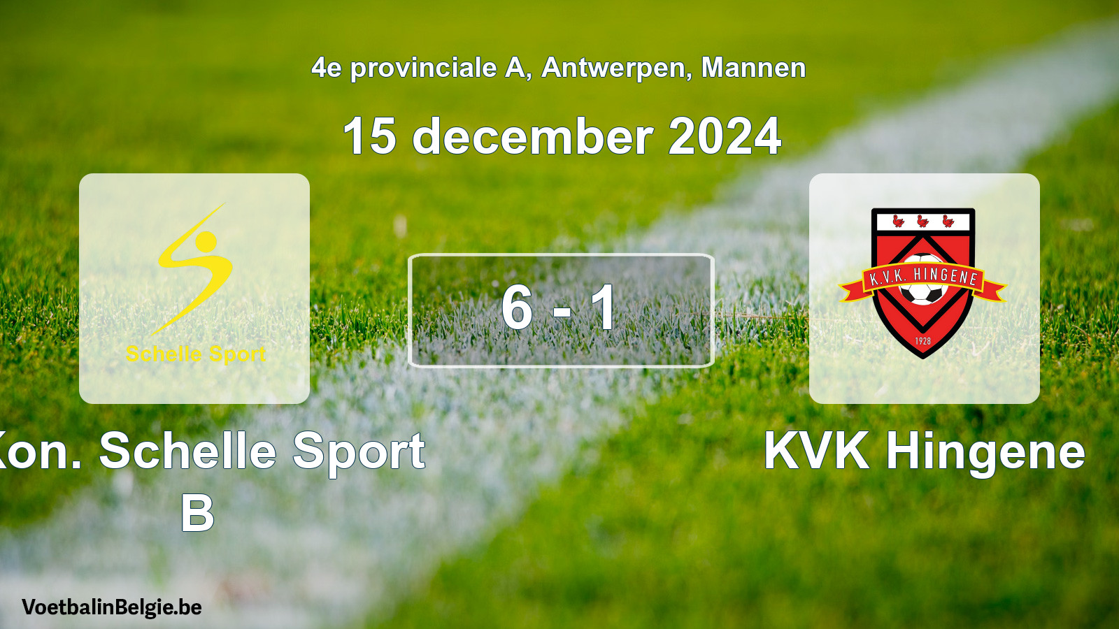 Gespeelde wedstrijd mannenvoetbal: Kon. Schelle Sport B - KVK Hingene 6 - 1 (15 december 2024)