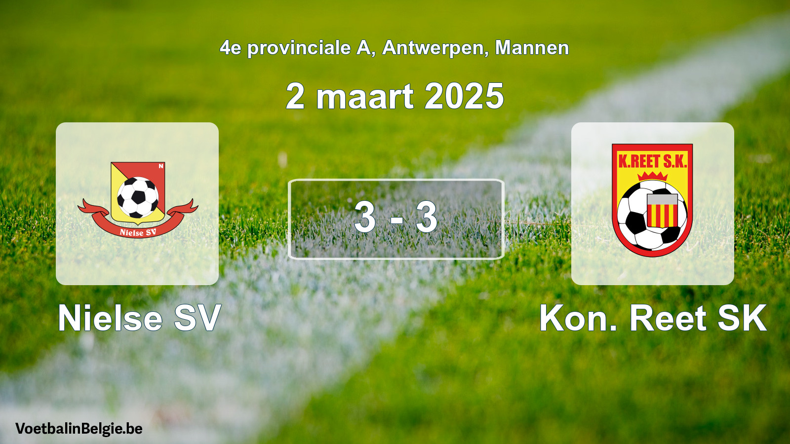 Gespeelde wedstrijd mannenvoetbal: Nielse SV - Kon. Reet SK 3 - 3 (2 maart 2025)
