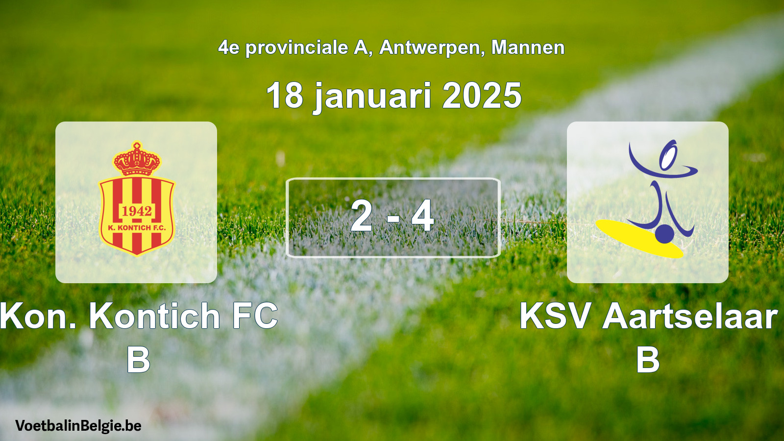 Gespeelde wedstrijd mannenvoetbal: Kon. Kontich FC B - KSV Aartselaar B 2 - 4 (18 januari 2025)