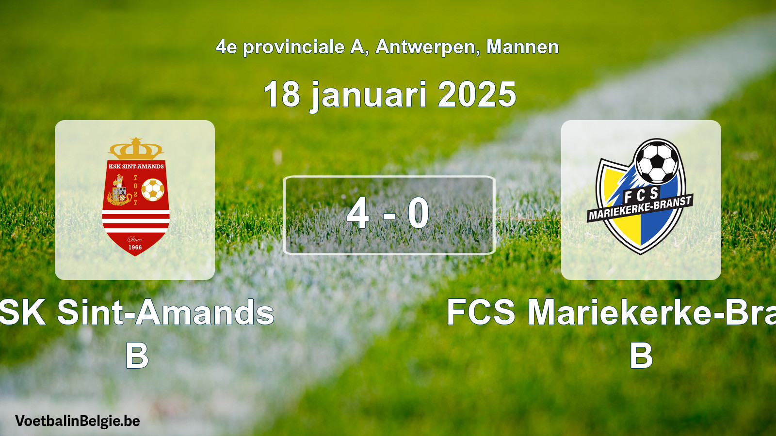 Gespeelde wedstrijd mannenvoetbal: SK Sint-Amands B - FCS Mariekerke-Branst B 4 - 0 (18 januari 2025)