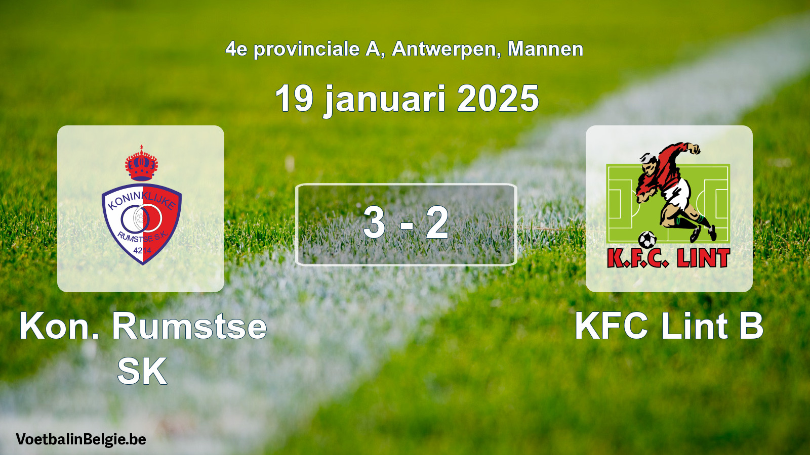 Gespeelde wedstrijd mannenvoetbal: Kon. Rumstse SK - KFC Lint B 3 - 2 (19 januari 2025)