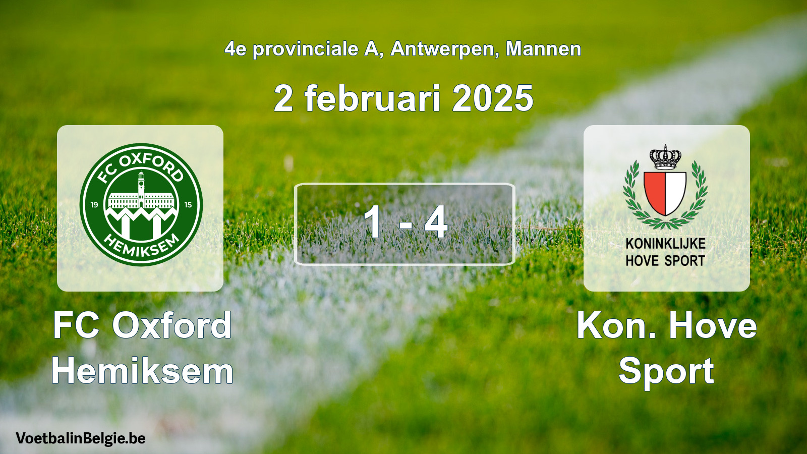 Gespeelde wedstrijd mannenvoetbal: FC Oxford Hemiksem - Kon. Hove Sport 1 - 4 (2 februari 2025)