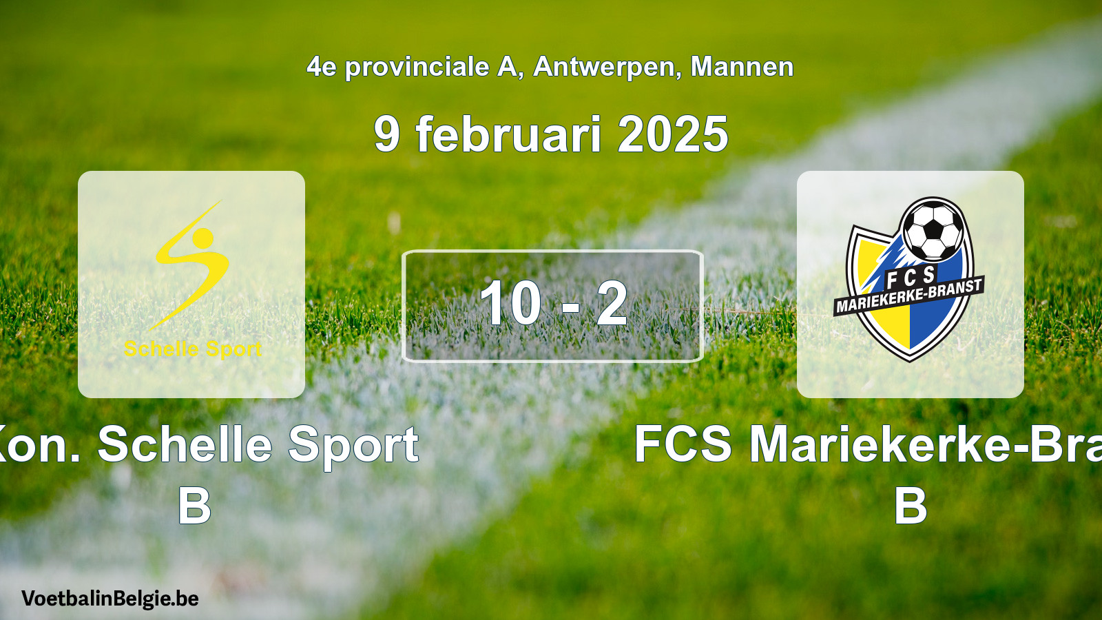 Gespeelde wedstrijd mannenvoetbal: Kon. Schelle Sport B - FCS Mariekerke-Branst B 10 - 2 (9 februari 2025)