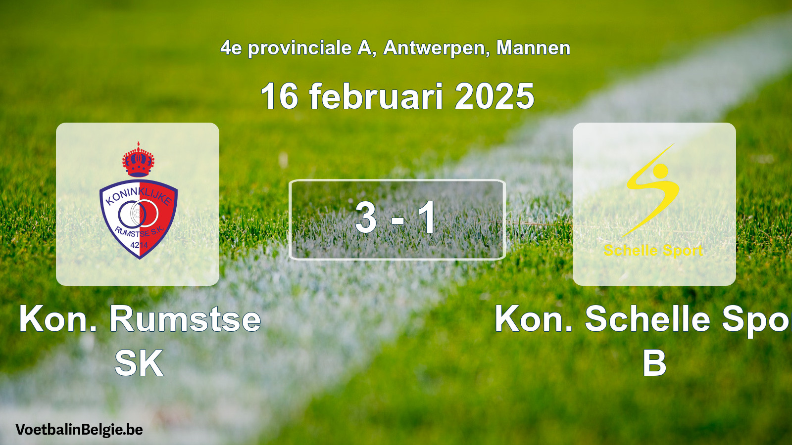 Gespeelde wedstrijd mannenvoetbal: Kon. Rumstse SK - Kon. Schelle Sport B 3 - 1 (16 februari 2025)