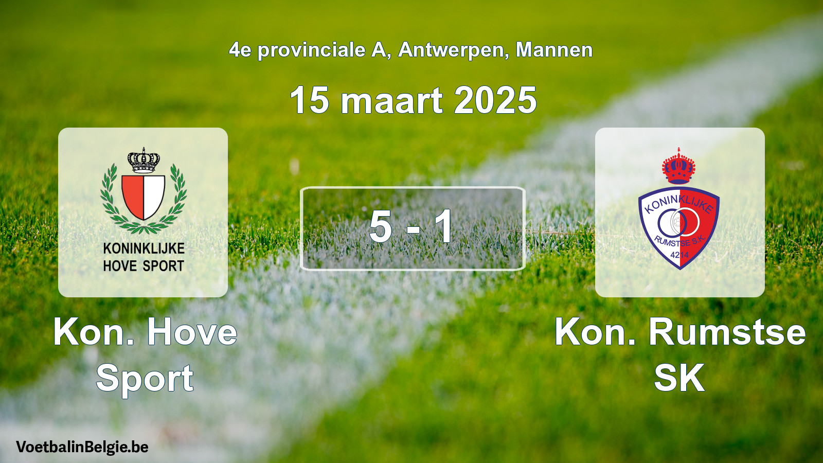 Gespeelde wedstrijd mannenvoetbal: Kon. Hove Sport - Kon. Rumstse SK 5 - 1 (15 maart 2025)