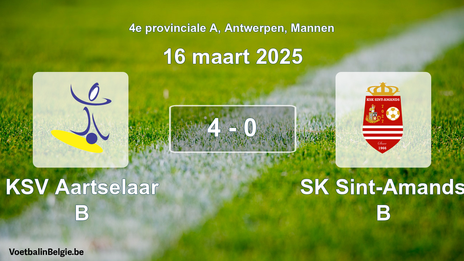 Gespeelde wedstrijd mannenvoetbal: KSV Aartselaar B - SK Sint-Amands B 4 - 0 (16 maart 2025)