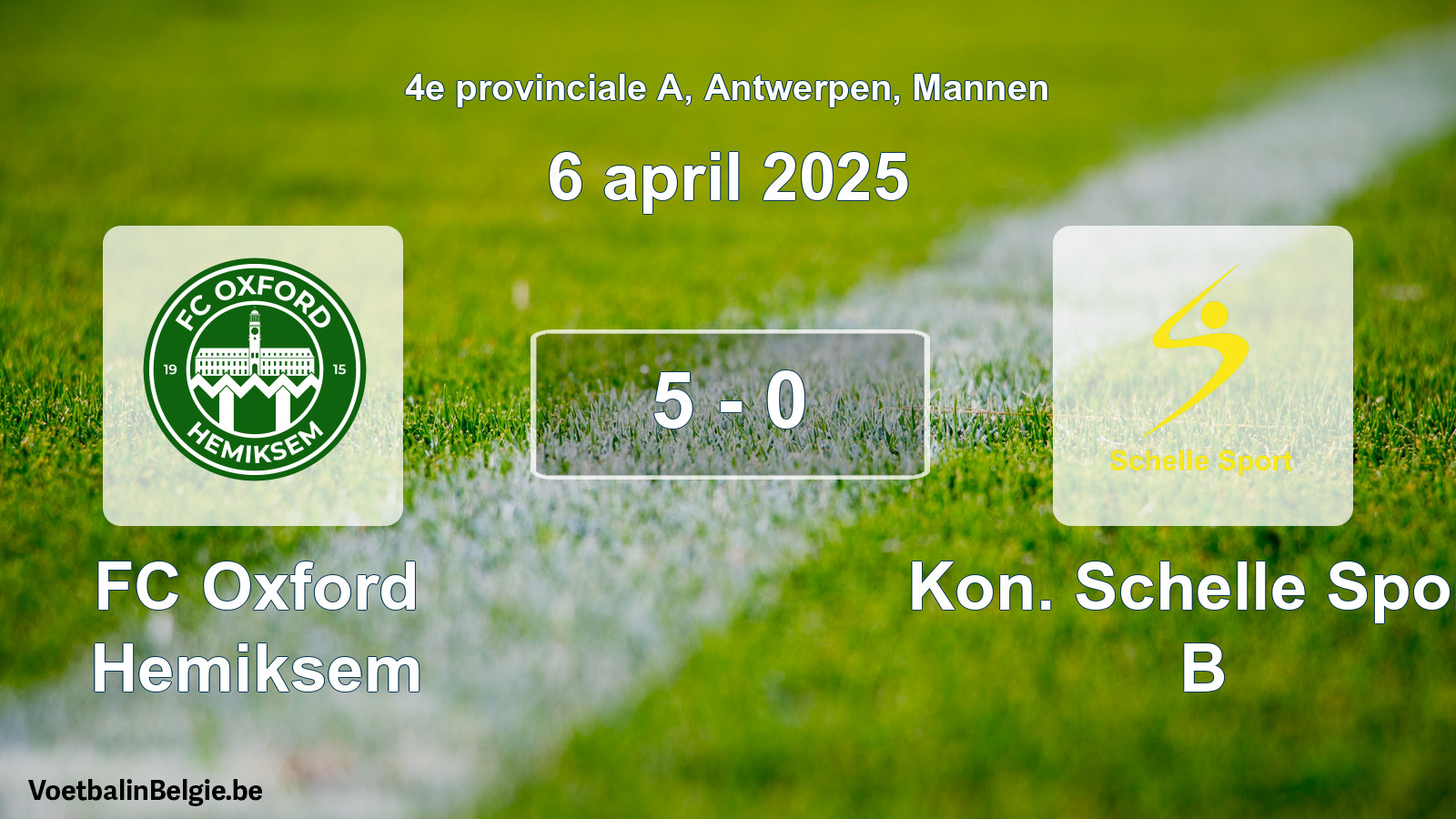 Gespeelde wedstrijd mannenvoetbal: FC Oxford Hemiksem - Kon. Schelle Sport B 5 - 0 (6 april 2025)