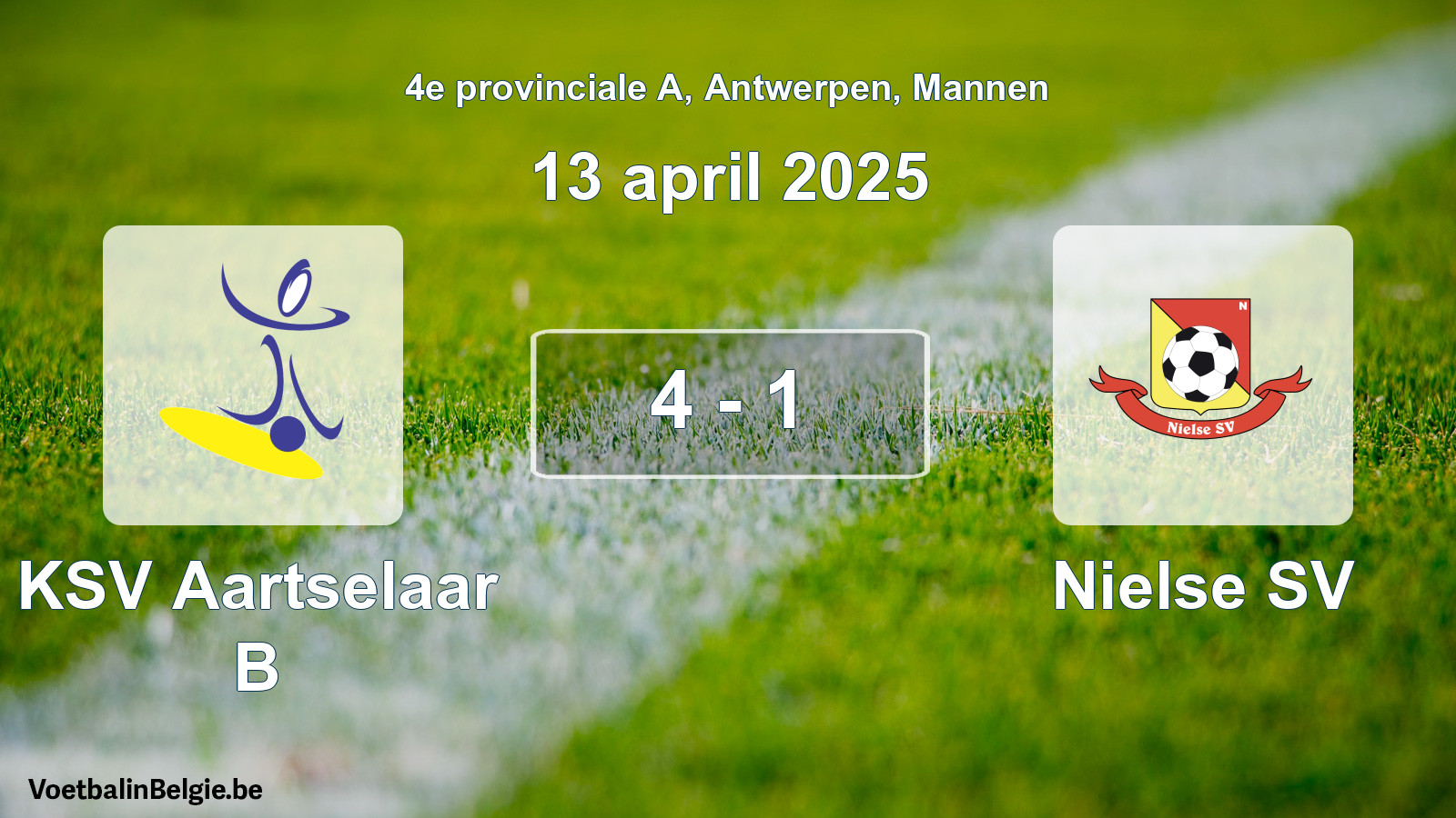 Gespeelde wedstrijd mannenvoetbal: KSV Aartselaar B - Nielse SV 4 - 1 (13 april 2025)