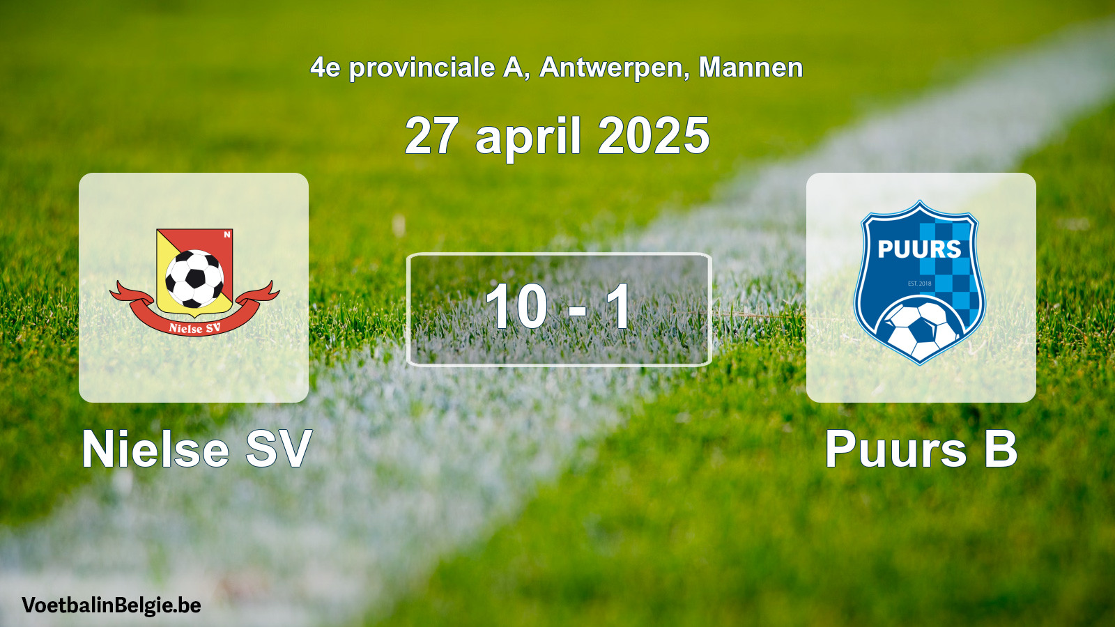 Gespeelde wedstrijd mannenvoetbal: Nielse SV - Puurs B 10 - 1 (27 april 2025)