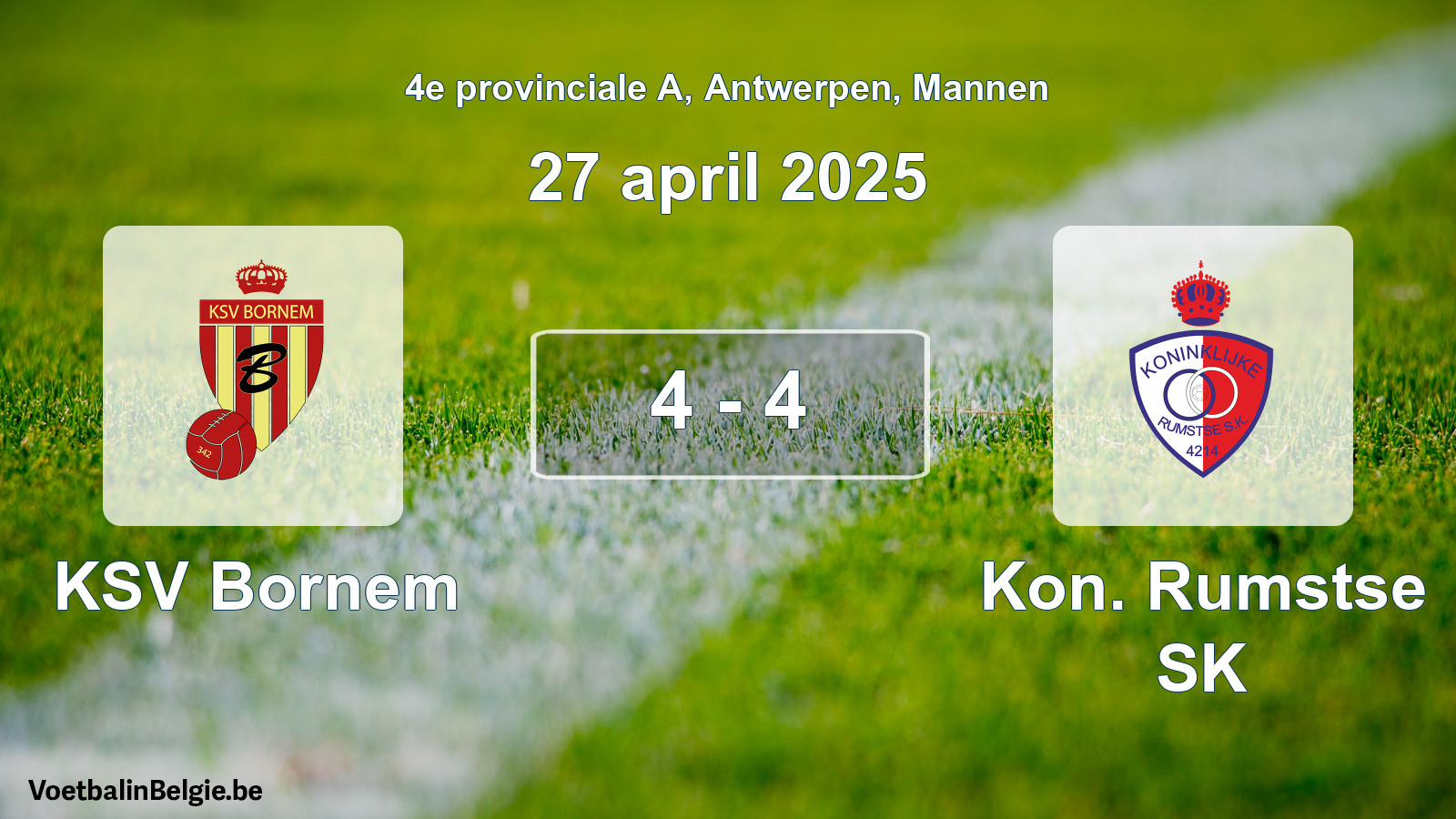 Gespeelde wedstrijd mannenvoetbal: KSV Bornem - Kon. Rumstse SK 4 - 4 (27 april 2025)