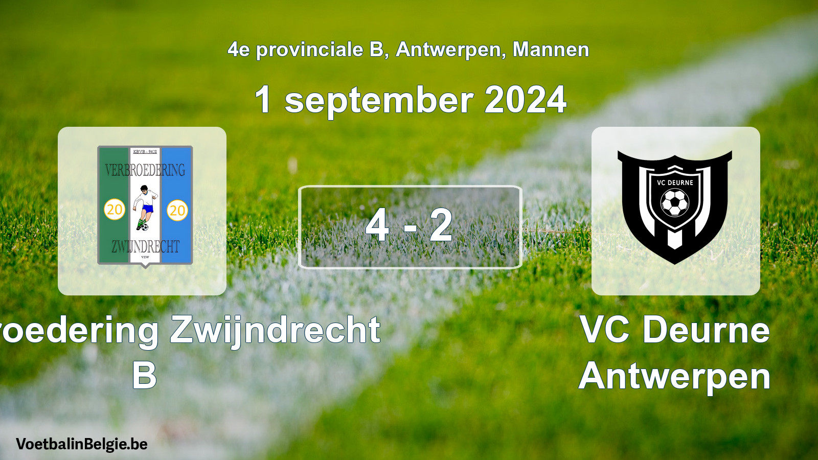 Gespeelde wedstrijd mannenvoetbal: Verbroedering Zwijndrecht B - VC Deurne Antwerpen 4 - 2 (1 september 2024)