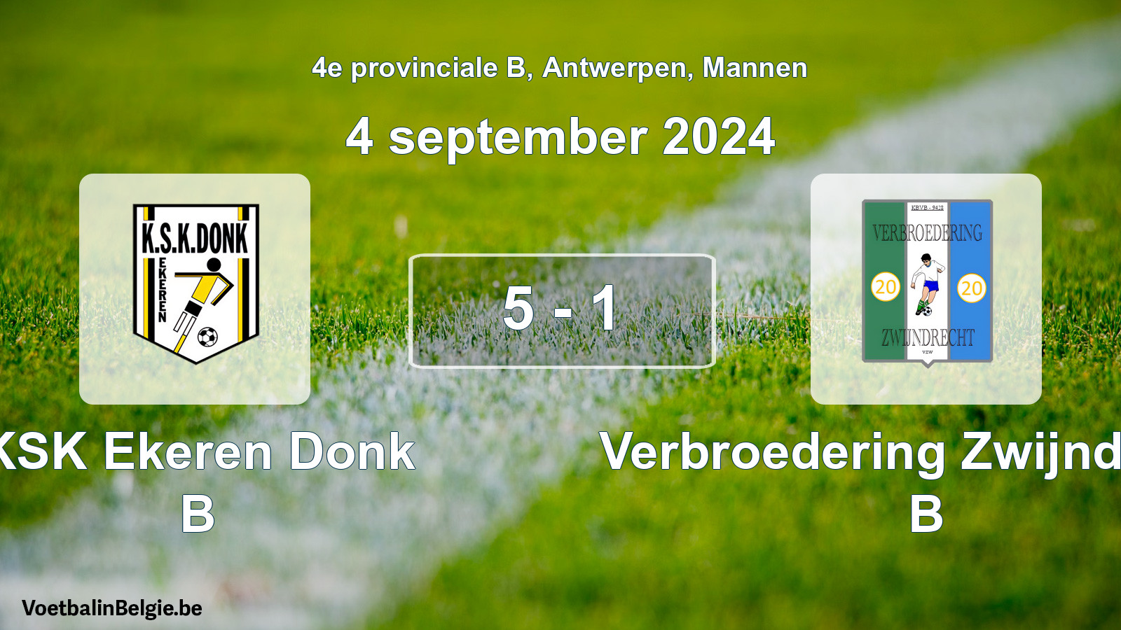 Gespeelde wedstrijd mannenvoetbal: KSK Ekeren Donk B - Verbroedering Zwijndrecht B 5 - 1 (4 september 2024)