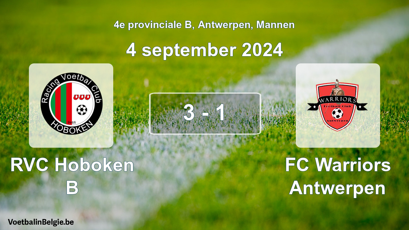 Gespeelde wedstrijd mannenvoetbal: RVC Hoboken B - FC Warriors Antwerpen 3 - 1 (4 september 2024)