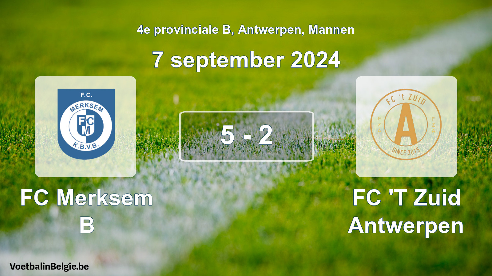 Gespeelde wedstrijd mannenvoetbal: FC Merksem B - FC 'T Zuid Antwerpen 5 - 2 (7 september 2024)
