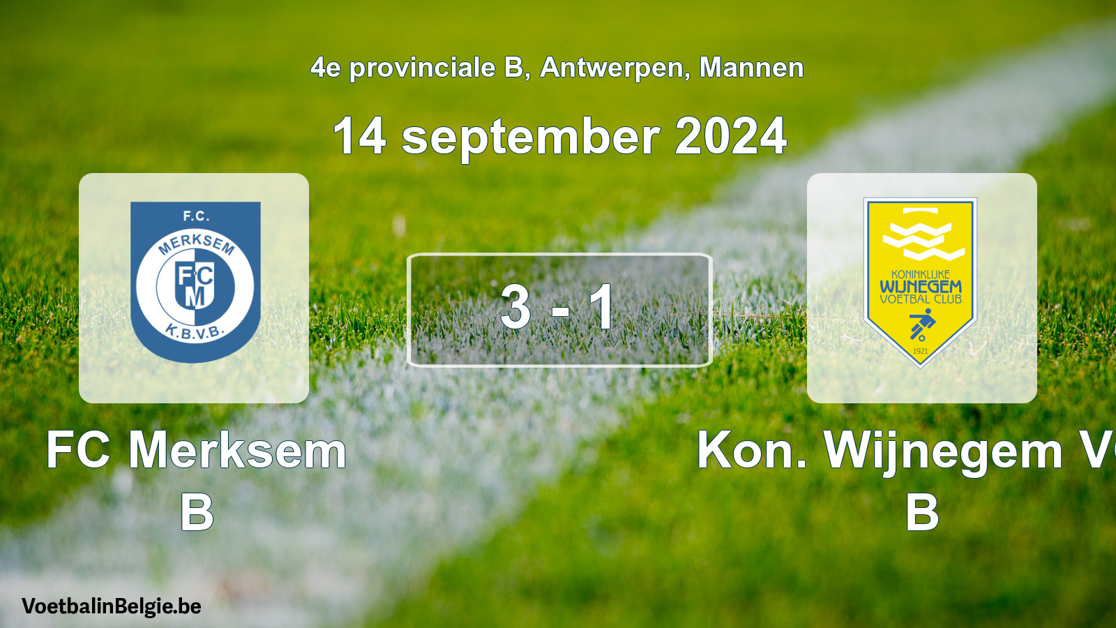 Gespeelde wedstrijd mannenvoetbal: FC Merksem B - Kon. Wijnegem VC B 3 - 1 (14 september 2024)