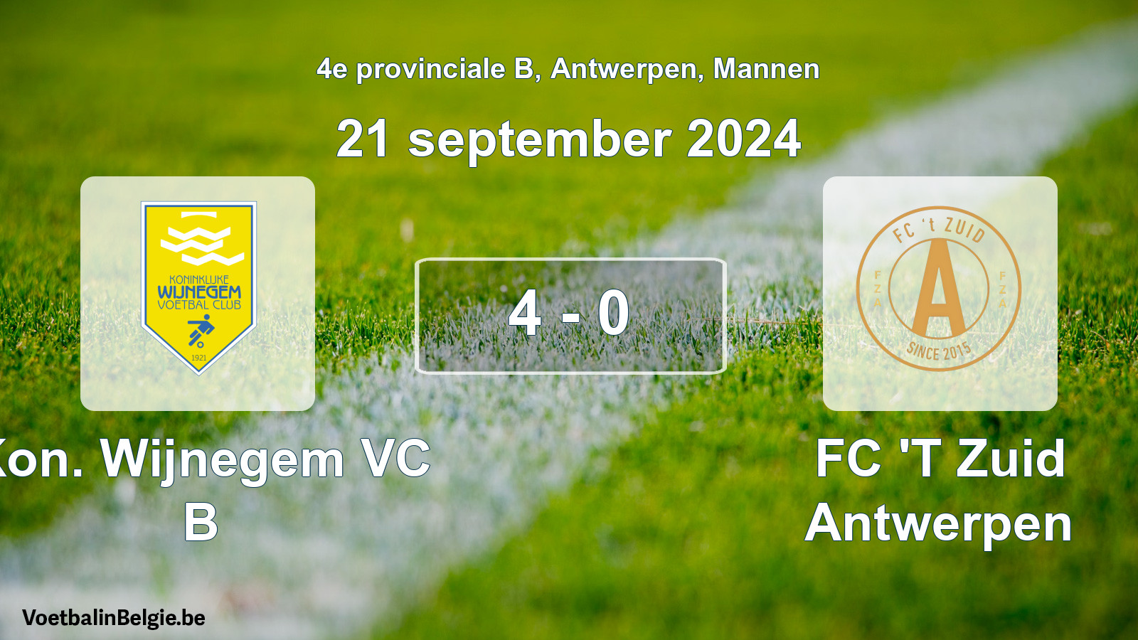 Gespeelde wedstrijd mannenvoetbal: Kon. Wijnegem VC B - FC 'T Zuid Antwerpen 4 - 0 (21 september 2024)