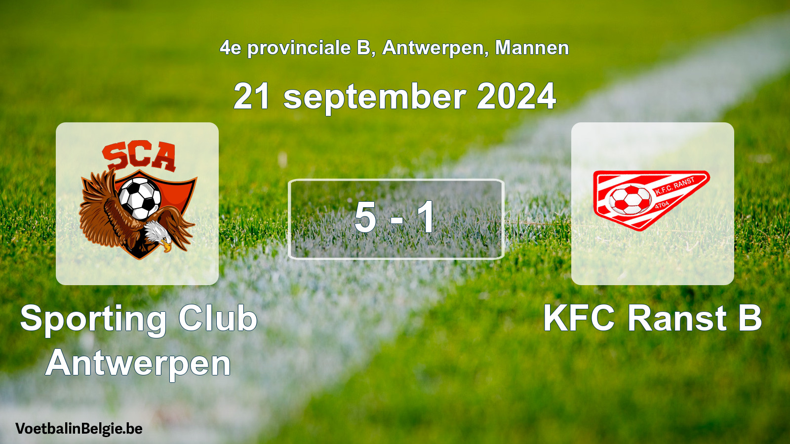 Gespeelde wedstrijd mannenvoetbal: Sporting Club Antwerpen - KFC Ranst B 5 - 1 (21 september 2024)