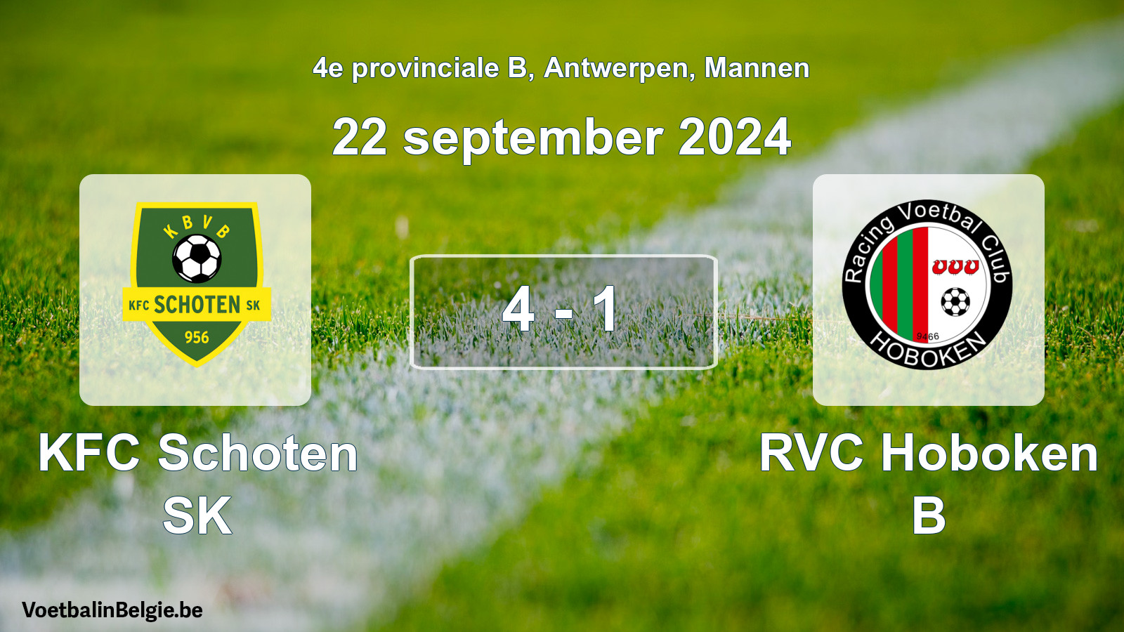 Gespeelde wedstrijd mannenvoetbal: KFC Schoten SK - RVC Hoboken B 4 - 1 (22 september 2024)