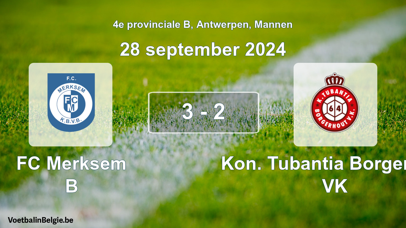 Gespeelde wedstrijd mannenvoetbal: FC Merksem B - Kon. Tubantia Borgerhout VK 3 - 2 (28 september 2024)