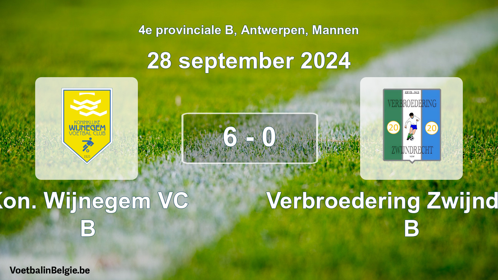 Gespeelde wedstrijd mannenvoetbal: Kon. Wijnegem VC B - Verbroedering Zwijndrecht B 6 - 0 (28 september 2024)