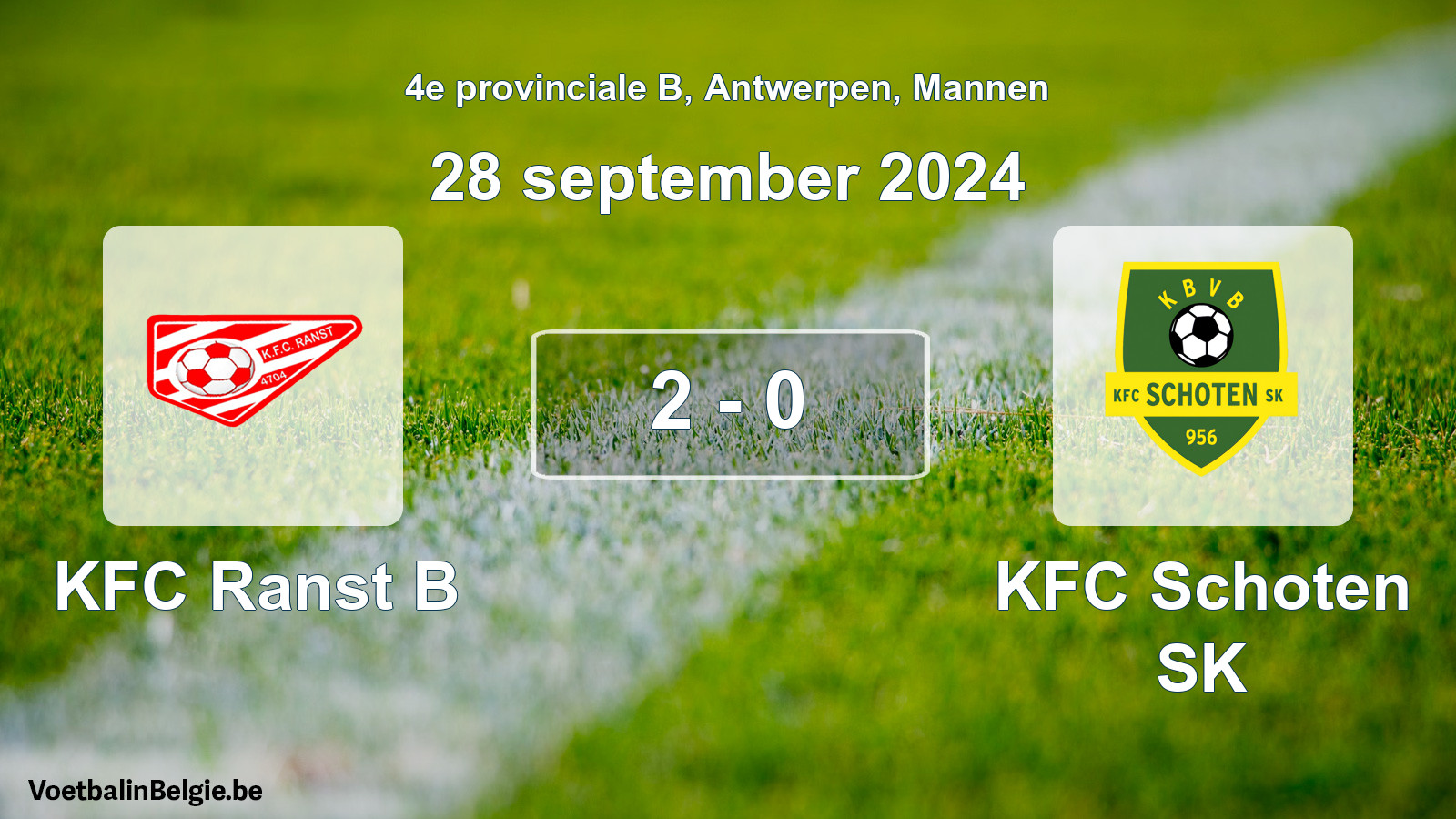 Gespeelde wedstrijd mannenvoetbal: KFC Ranst B - KFC Schoten SK 2 - 0 (28 september 2024)