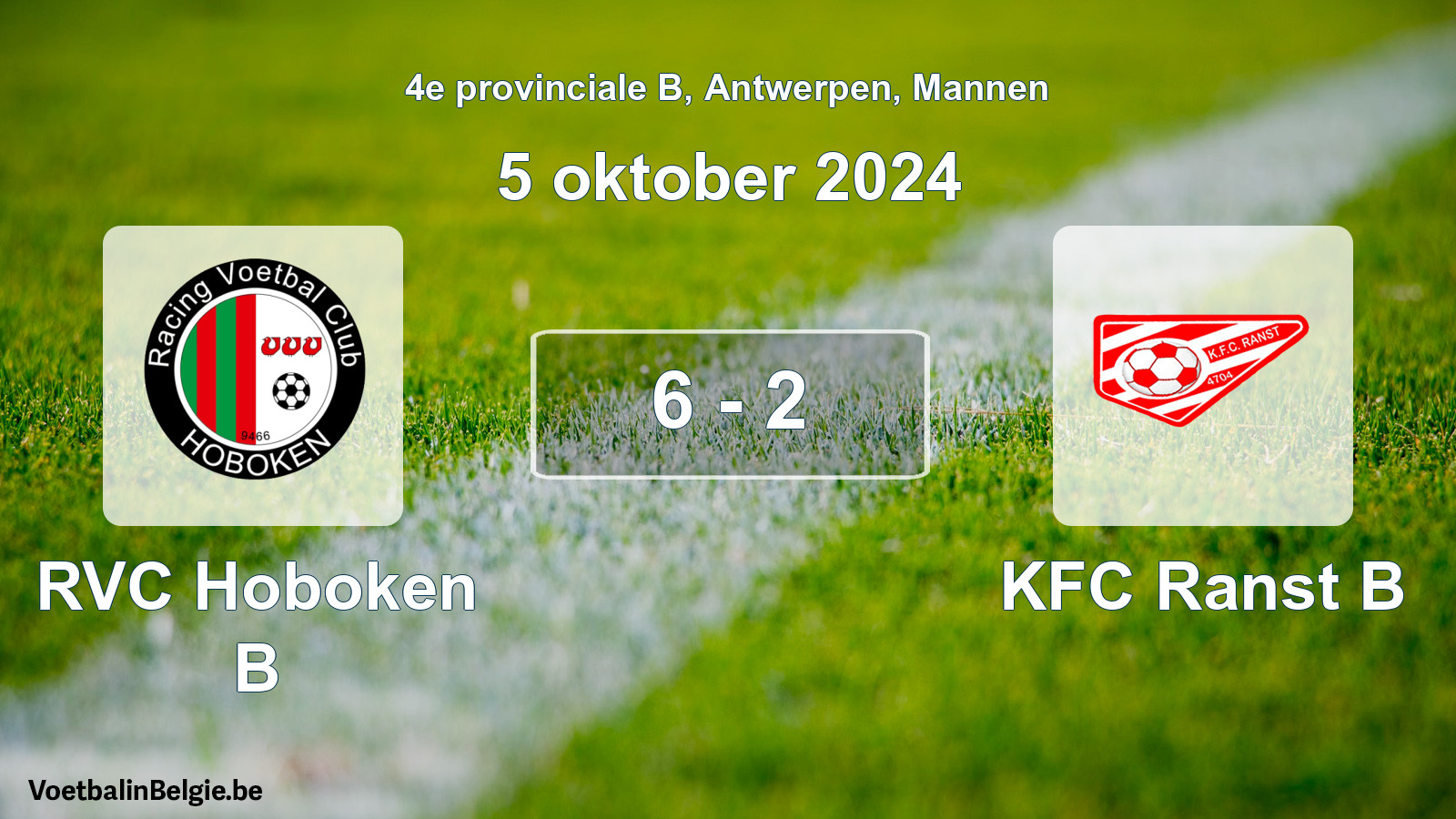 Gespeelde wedstrijd mannenvoetbal: RVC Hoboken B - KFC Ranst B 6 - 2 (5 oktober 2024)