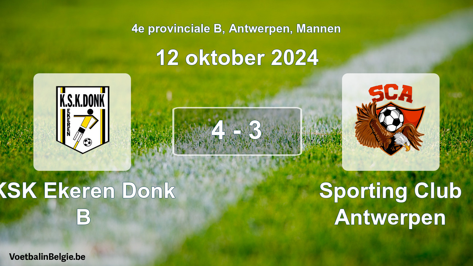 Gespeelde wedstrijd mannenvoetbal: KSK Ekeren Donk B - Sporting Club Antwerpen 4 - 3 (12 oktober 2024)