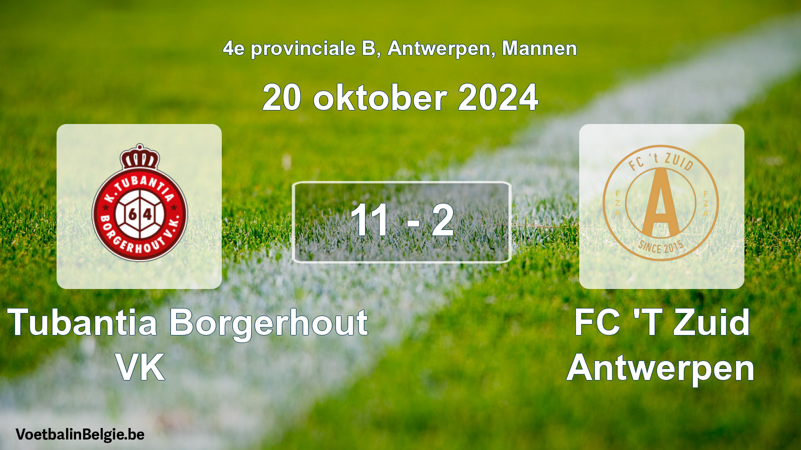 Gespeelde wedstrijd mannenvoetbal: Kon. Tubantia Borgerhout VK - FC 'T Zuid Antwerpen 11 - 2 (20 oktober 2024)