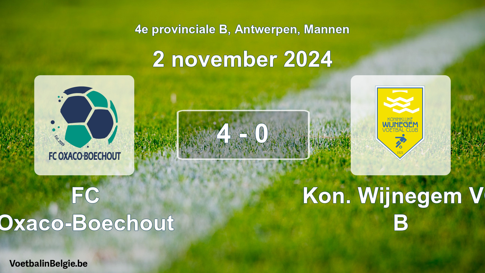 Gespeelde wedstrijd mannenvoetbal: FC Oxaco-Boechout - Kon. Wijnegem VC B 4 - 0 (2 november 2024)