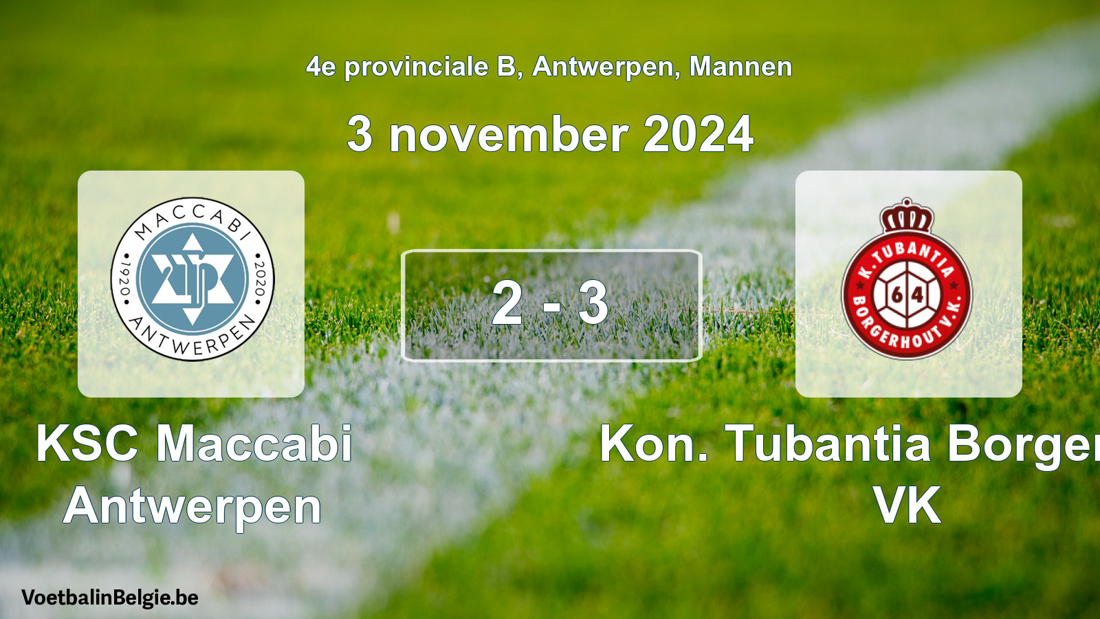 Gespeelde wedstrijd mannenvoetbal: KSC Maccabi Antwerpen - Kon. Tubantia Borgerhout VK 2 - 3 (3 november 2024)