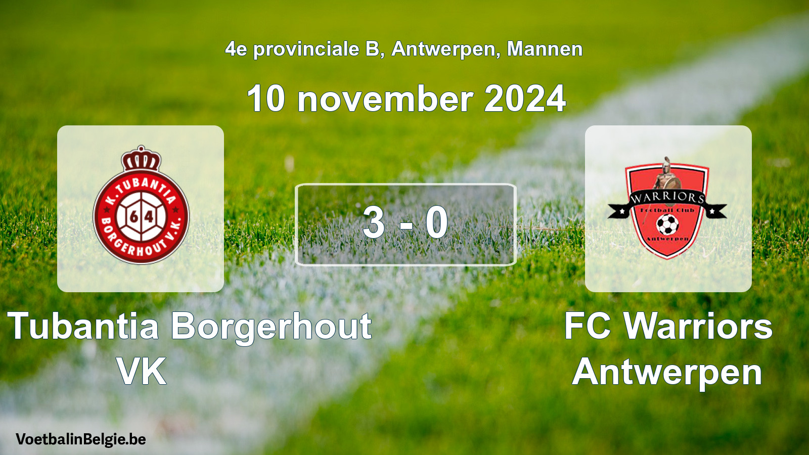 Gespeelde wedstrijd mannenvoetbal: Kon. Tubantia Borgerhout VK - FC Warriors Antwerpen 3 - 0 (10 november 2024)