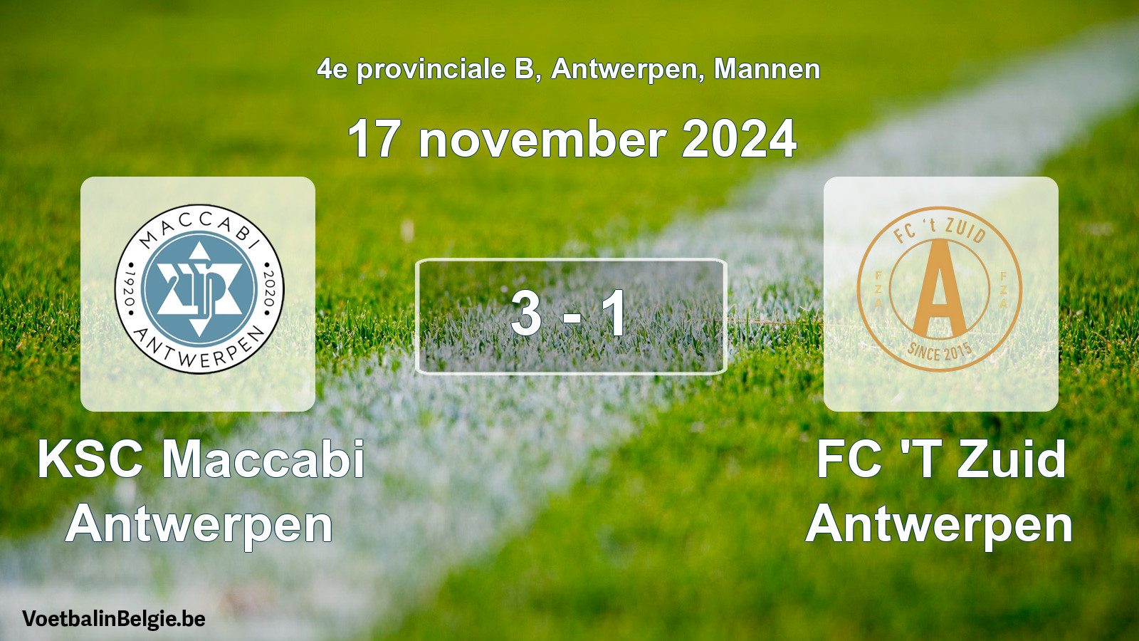 Gespeelde wedstrijd mannenvoetbal: KSC Maccabi Antwerpen - FC 'T Zuid Antwerpen 3 - 1 (17 november 2024)