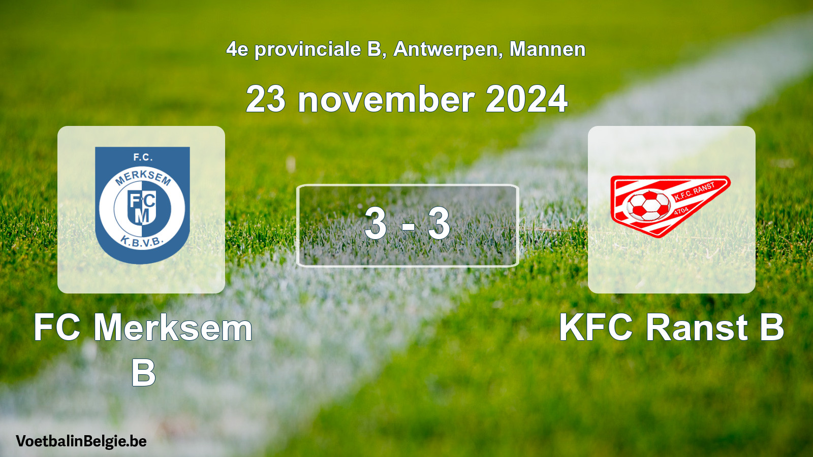 Gespeelde wedstrijd mannenvoetbal: FC Merksem B - KFC Ranst B 3 - 3 (23 november 2024)