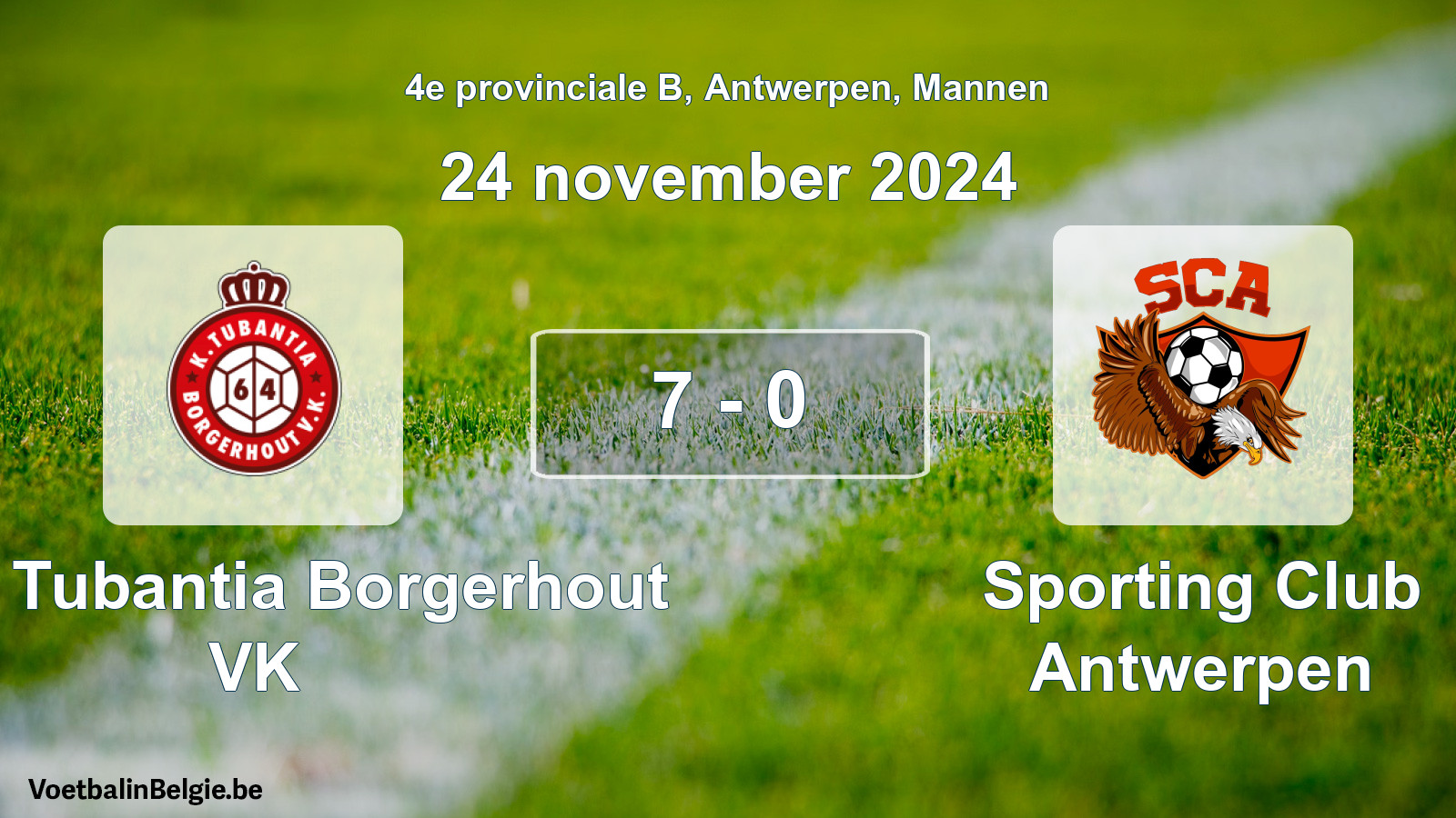 Gespeelde wedstrijd mannenvoetbal: Kon. Tubantia Borgerhout VK - Sporting Club Antwerpen 7 - 0 (24 november 2024)