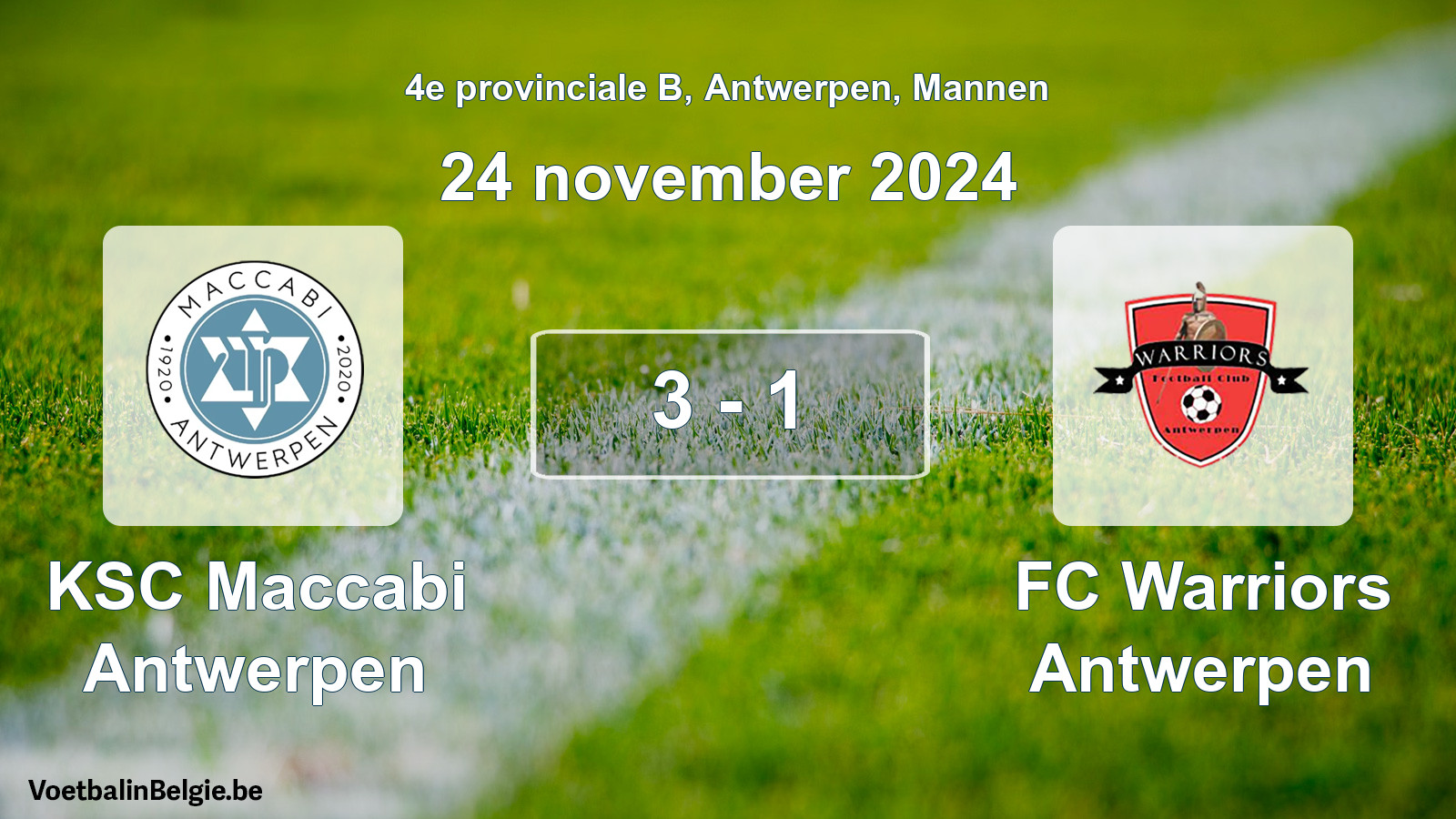 Gespeelde wedstrijd mannenvoetbal: KSC Maccabi Antwerpen - FC Warriors Antwerpen 3 - 1 (24 november 2024)