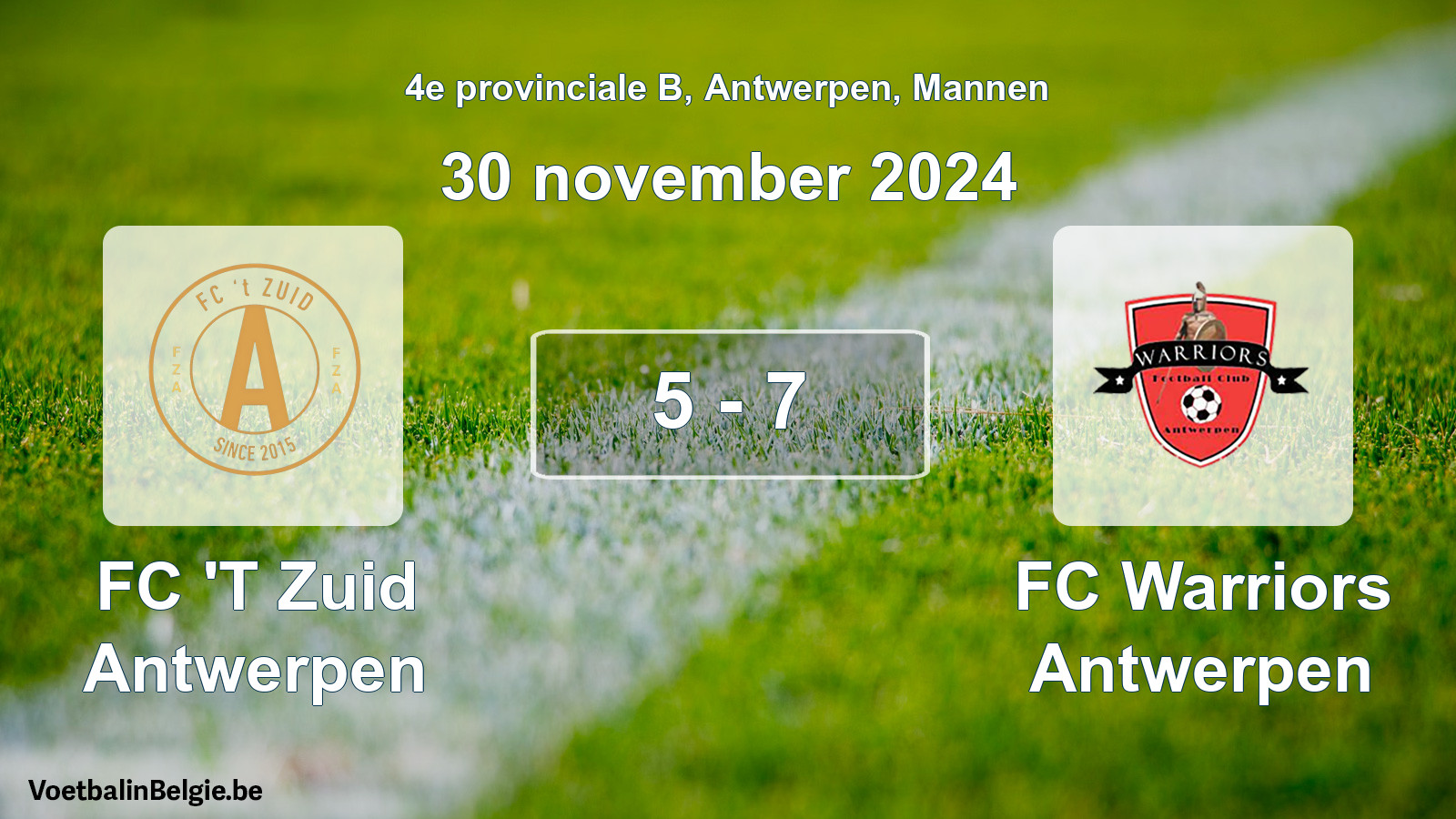 Gespeelde wedstrijd mannenvoetbal: FC 'T Zuid Antwerpen - FC Warriors Antwerpen 5 - 7 (30 november 2024)