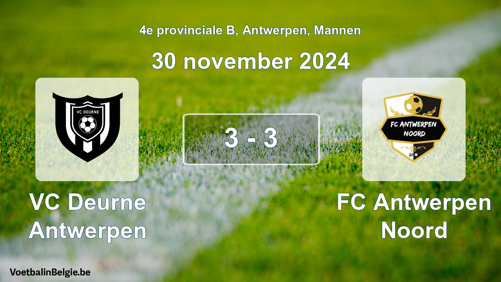 Gespeelde wedstrijd mannenvoetbal: VC Deurne Antwerpen - FC Antwerpen Noord 3 - 3 (30 november 2024)