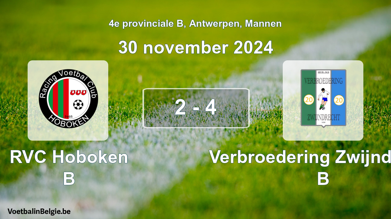 Gespeelde wedstrijd mannenvoetbal: RVC Hoboken B - Verbroedering Zwijndrecht B 2 - 4 (30 november 2024)