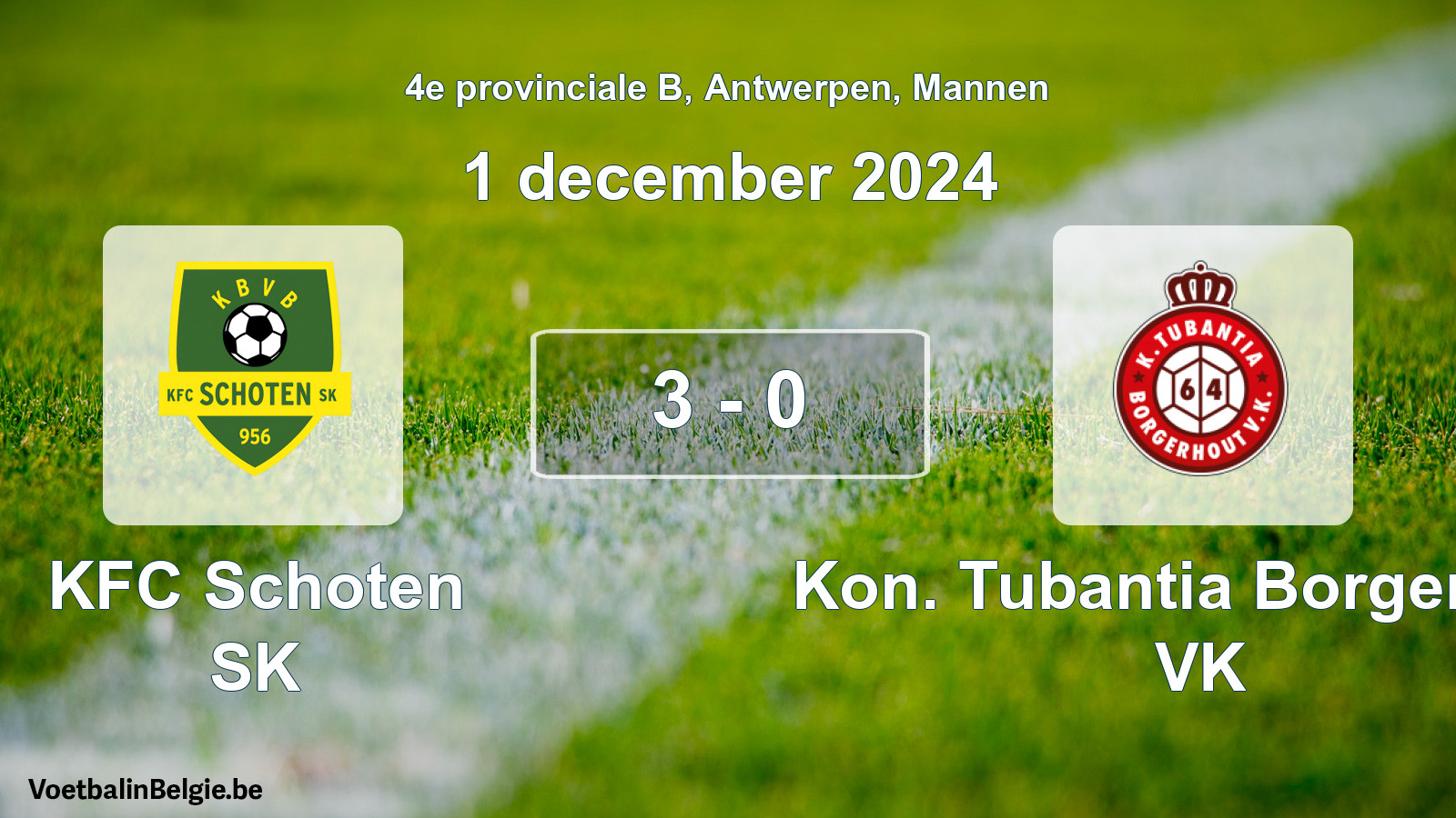 Gespeelde wedstrijd mannenvoetbal: KFC Schoten SK - Kon. Tubantia Borgerhout VK 3 - 0 (1 december 2024)