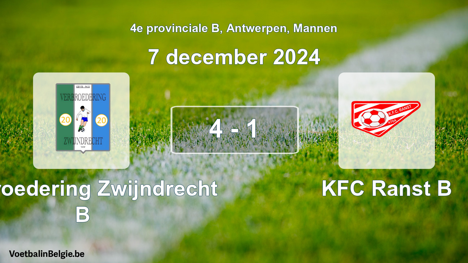 Gespeelde wedstrijd mannenvoetbal: Verbroedering Zwijndrecht B - KFC Ranst B 4 - 1 (7 december 2024)