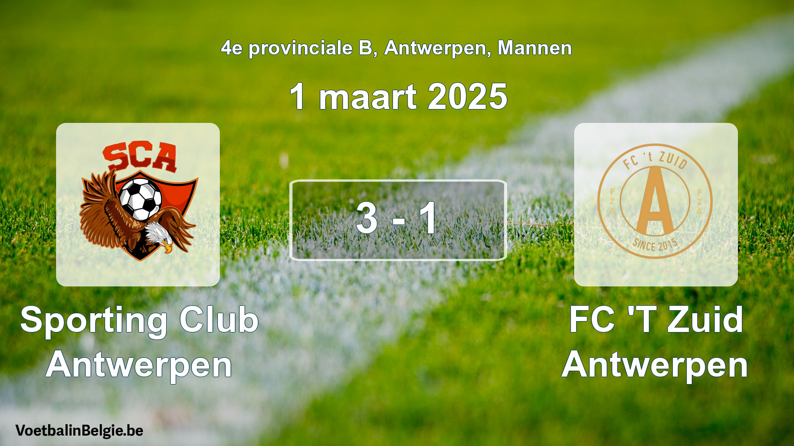 Gespeelde wedstrijd mannenvoetbal: Sporting Club Antwerpen - FC 'T Zuid Antwerpen 3 - 1 (1 maart 2025)