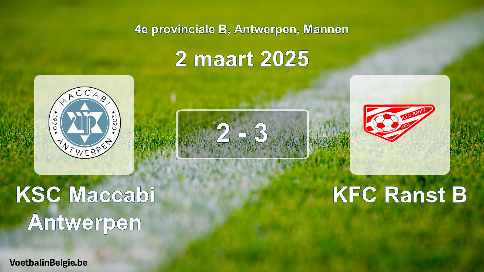 Gespeelde wedstrijd mannenvoetbal: KSC Maccabi Antwerpen - KFC Ranst B 2 - 3 (2 maart 2025)