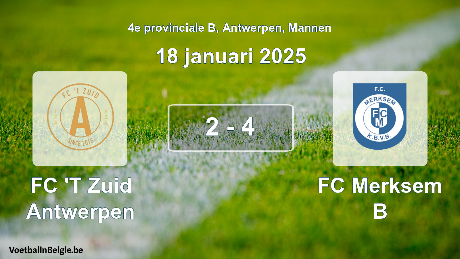 Gespeelde wedstrijd mannenvoetbal: FC 'T Zuid Antwerpen - FC Merksem B 2 - 4 (18 januari 2025)